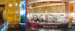 Left: The port aft corner of the room.  Right: The bar with A.R. Thomson's Royal Jubilee Week, 1935, above. 